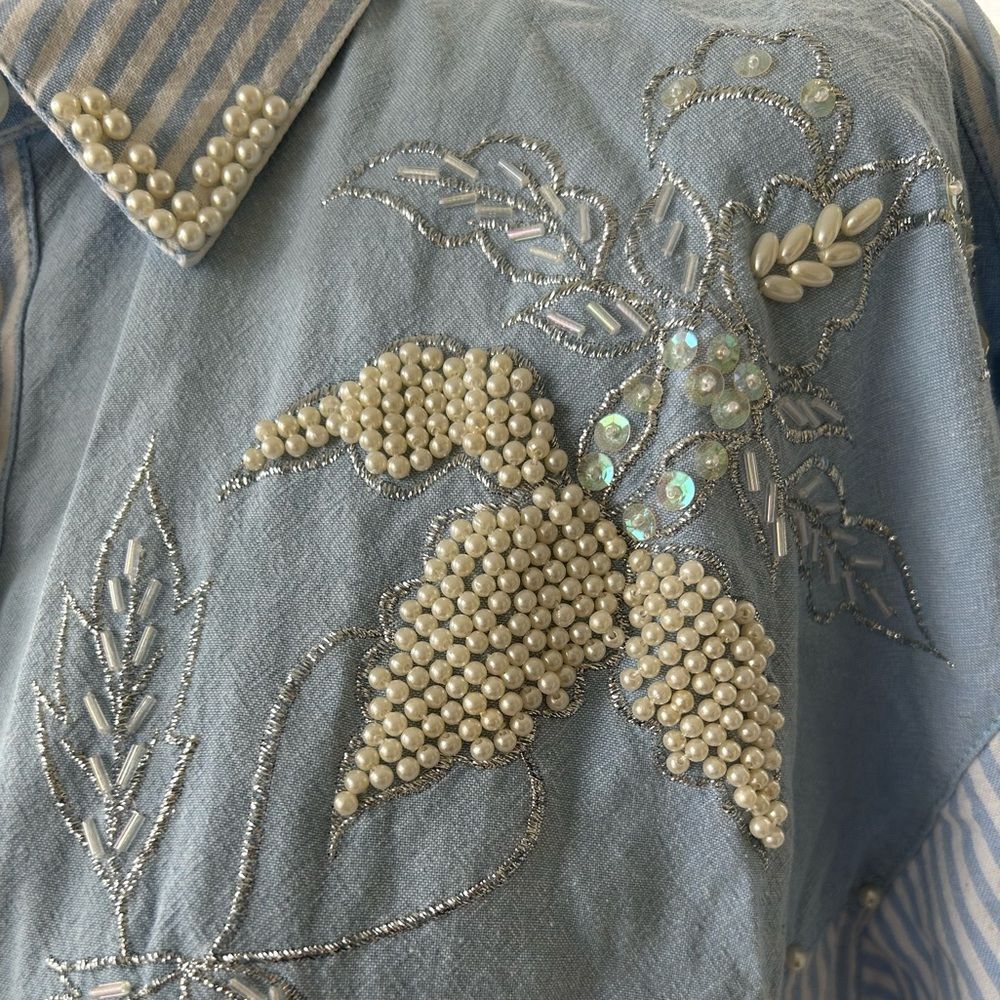 Vintage Jane Ashley Blue & White Striped Embroidered Shirt - pearl beading- 1X - Picture 9 of 12